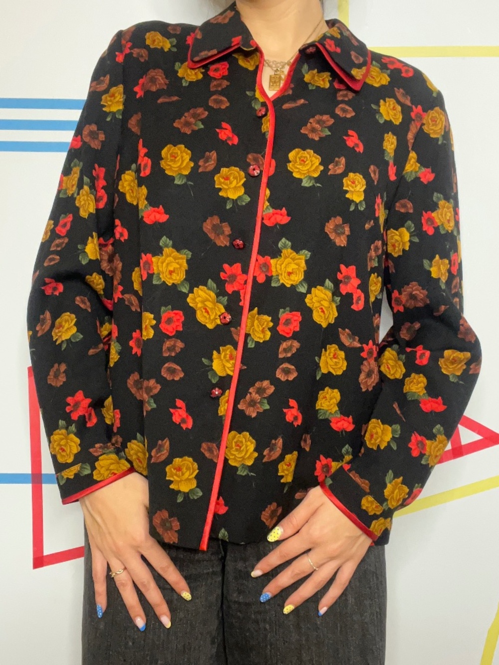 Black Floral Button Down Blouse